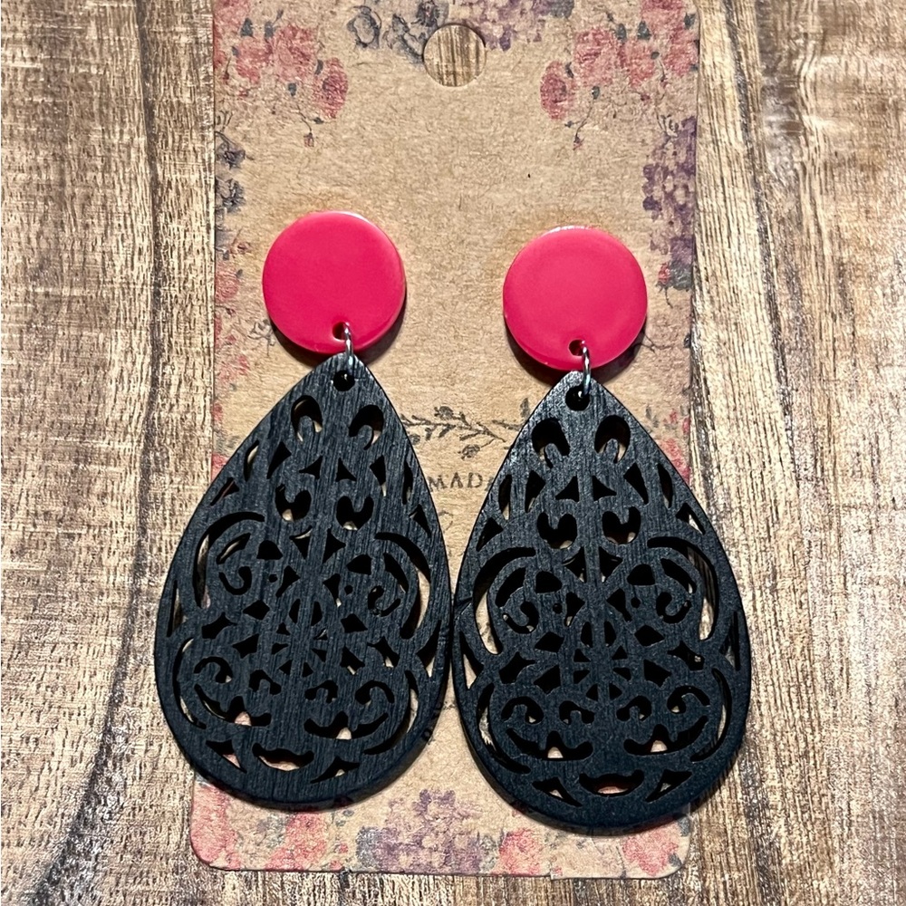 Black and Red - Acrylic and Wood Teardrop Earrings